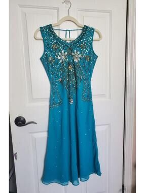 Y2K 2000s Fairy Mermaid Midi Teal Dress Beaded Dress Size Small Whimsical READ